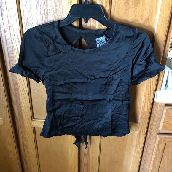 NWT Chaser Y2K Satin Crop Open Back Tie Tee Top Black - S - Picture 1 of 11